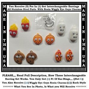 5/$20 Food Fun Wiggle Eye Interchangeable Snack Charm Earrings-5 Pairs in Set